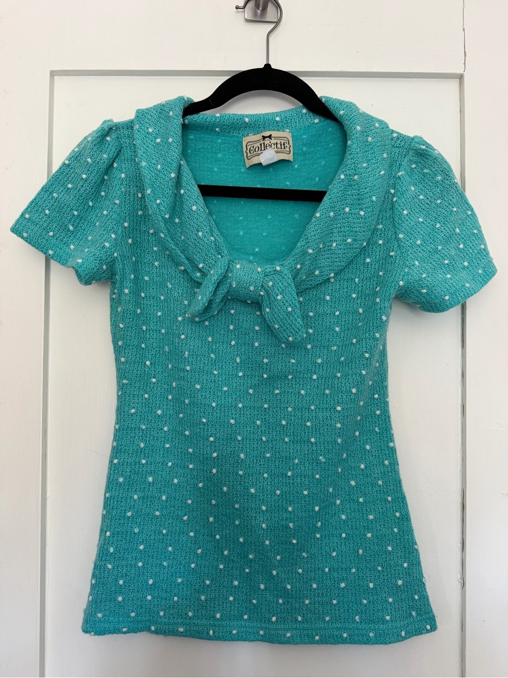 Collectif Turquoise Knit Polka Dot Top Sz M